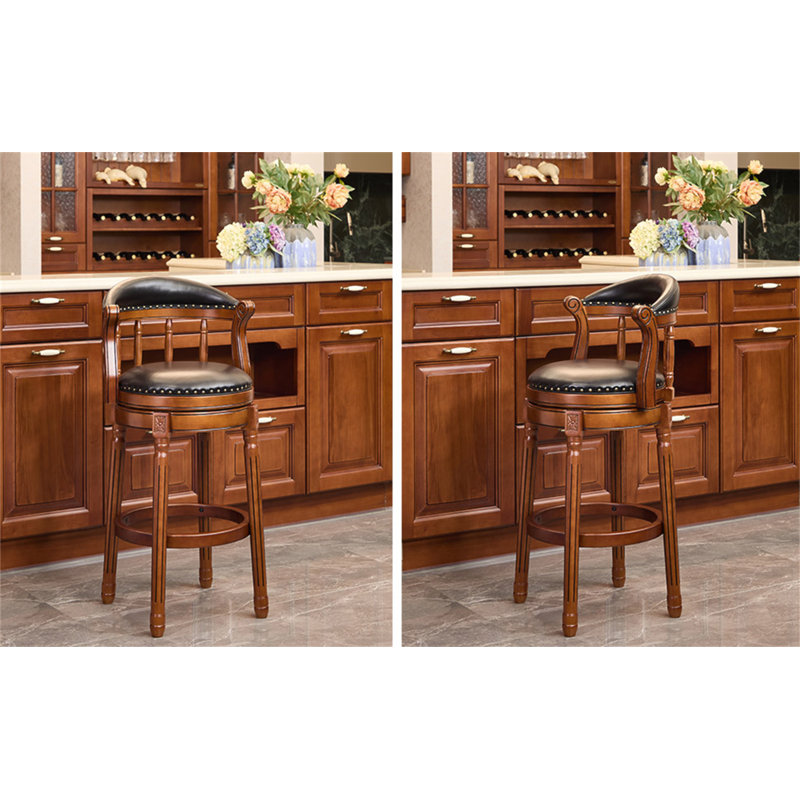 Seat Height 29.5'' Cow Top Leather Wooden Bar Stools, 360 Degree Swivel Bar Height Chair With Backs For Home Kitchen Counter(1Pc)