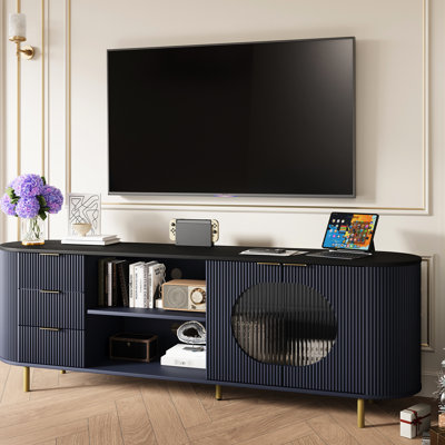 65 Inch Tv Stand With Fluted Design, Faux Marble Surface And Gold Accents, 3 Drawers Adjustable Shelves, Blue, Style, Engineered Hardwood In Primary Space Modern Entertainment Console Top Details,