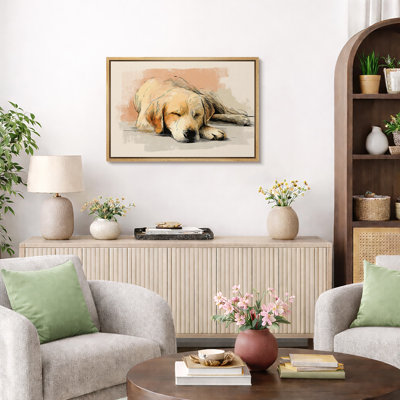 Sleeping Golden Retriever Dog Artwork, Cozy Cute Pet Illustration Animal Pictures, Framed Canvas Giclee Print Wall Art