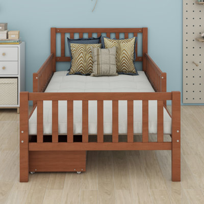 Wood Platform Bed With Guardrails On Both Sides And Storage Drawers