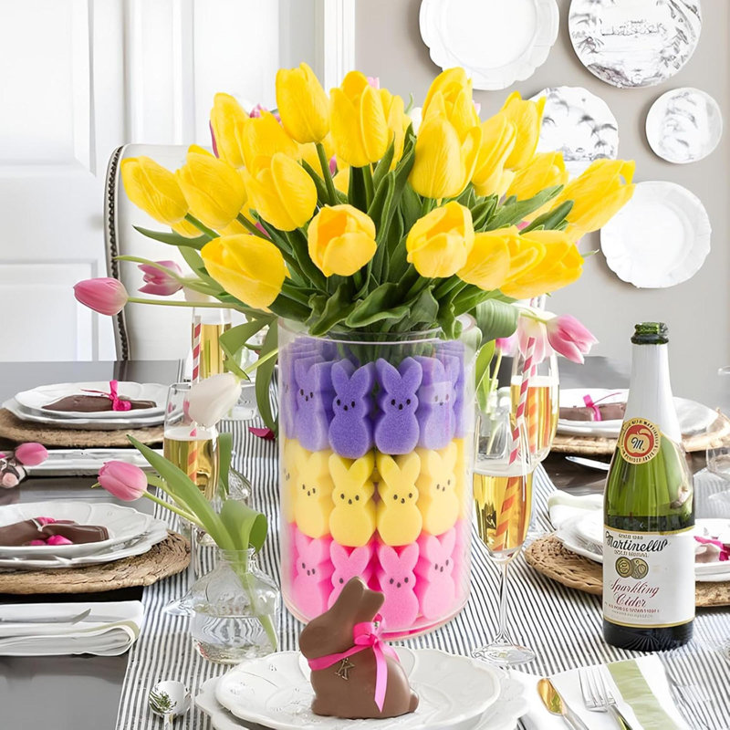 Décorations de Pâques - Pâques Peeps Decor - 15 tulipes artificielles avec 45 ensembles de remplissage de vase pour lapins, centres de table pour la maison