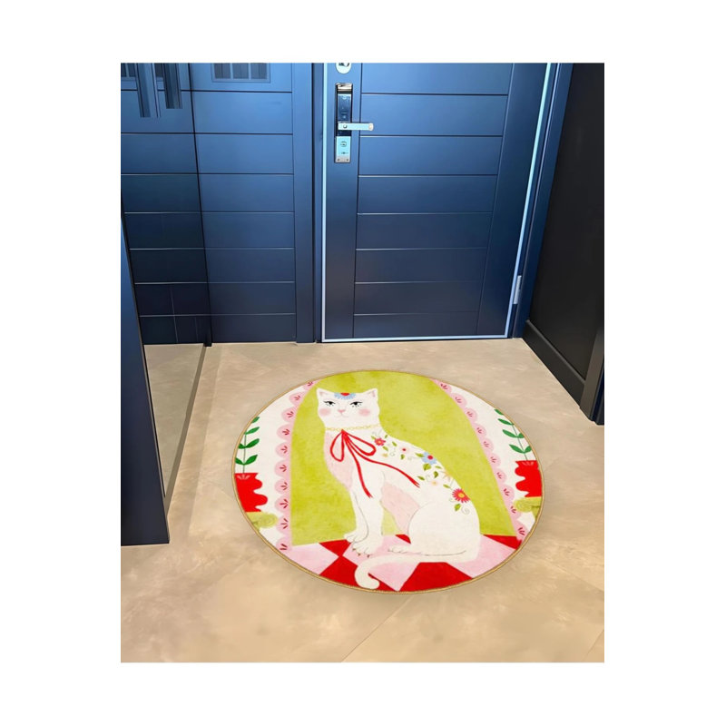 Green Cat And Flower Patterned Round Woven Base Modern Decorative Carpet, Round 4'