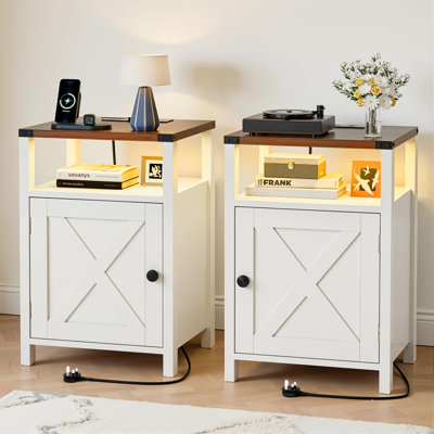 Bedside Table Set of 2, LED Lights and Charging Hub, White