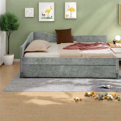 Extendable Beds, Grey Chenille Daybed With Trundle, Modern Home Guest Room