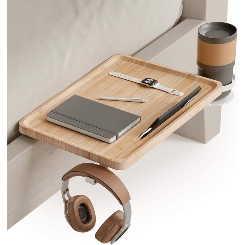 Bedside Shelf For Top Bunk Bed, College Dorm Room Essentials, Bedside Tray With Phone Slot, Cup Holder, Hook, Clamps, Dormitory, Loft Bed Accessories, Natural Beige