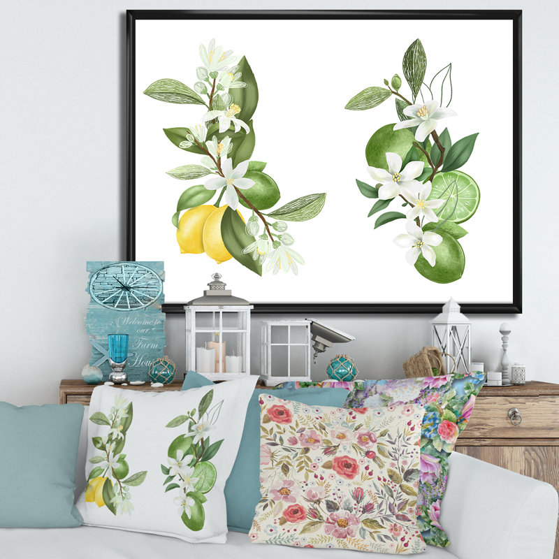 Bouquets de branches de citronnier en fleurs - Impression sur toile, H 24 po x l 32 po x P 1 po, Cadre flottant noir
