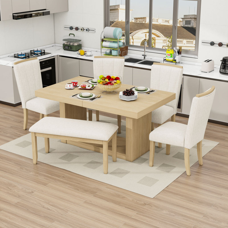 Ensemble de table de salle à manger 6 pièces, table extensible en bois avec rallonge amovible, 4 chaises rembourrées et banc