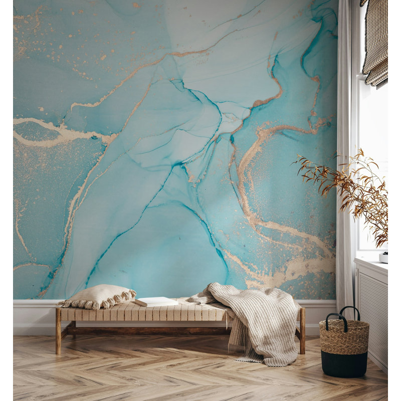 Blue Marble Gold Vein Abstract Wallpaper, 100"L x 150"W