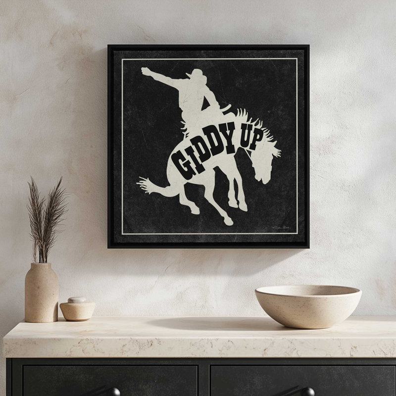 «Giddy Up» par Susan Ball, reproduction d'art, L 30 po x H 30 po, Noir, Toile avec cadre