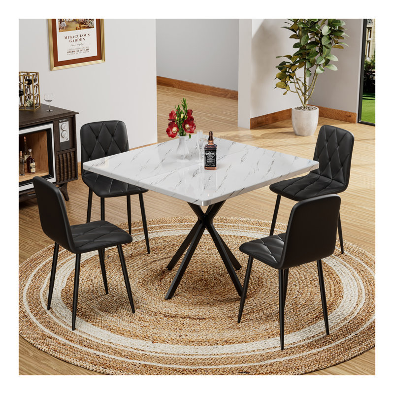 Ensemble de table de salle à manger moderne pour 4 personnes, Blanc, Noir, noir, noir, noir