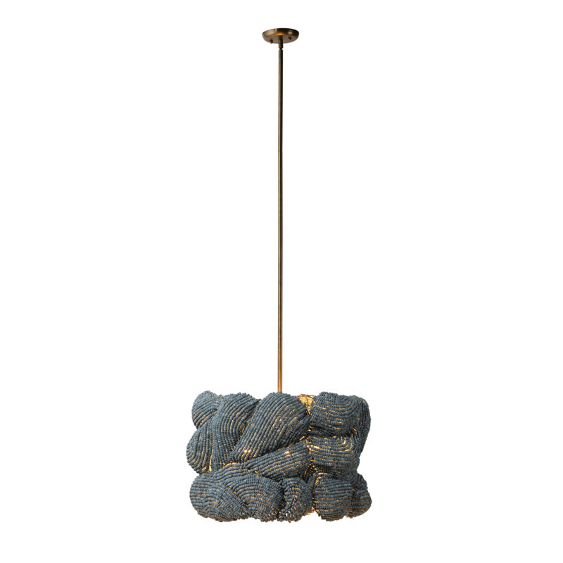 Anguilla 3-Light Wood Beaded Chandelier, Natural, Blue