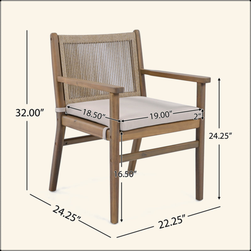 Ensemble de 2 chaises de salle à manger d'extérieur, fauteuil de patio en bois d'acacia avec dossier en corde et coussin hydrofuge, brun clair, capacité de poids de 400 lb