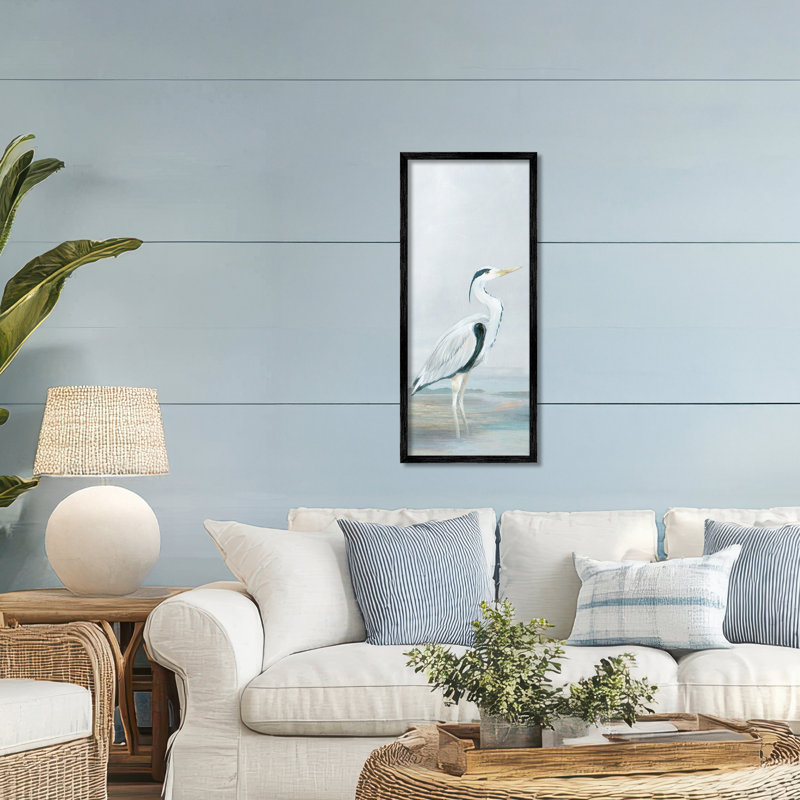 Giclée sur pied debout héron blanc, design par Lily K., H 30 po x l 13 po, Giclée encadrée noir minuit