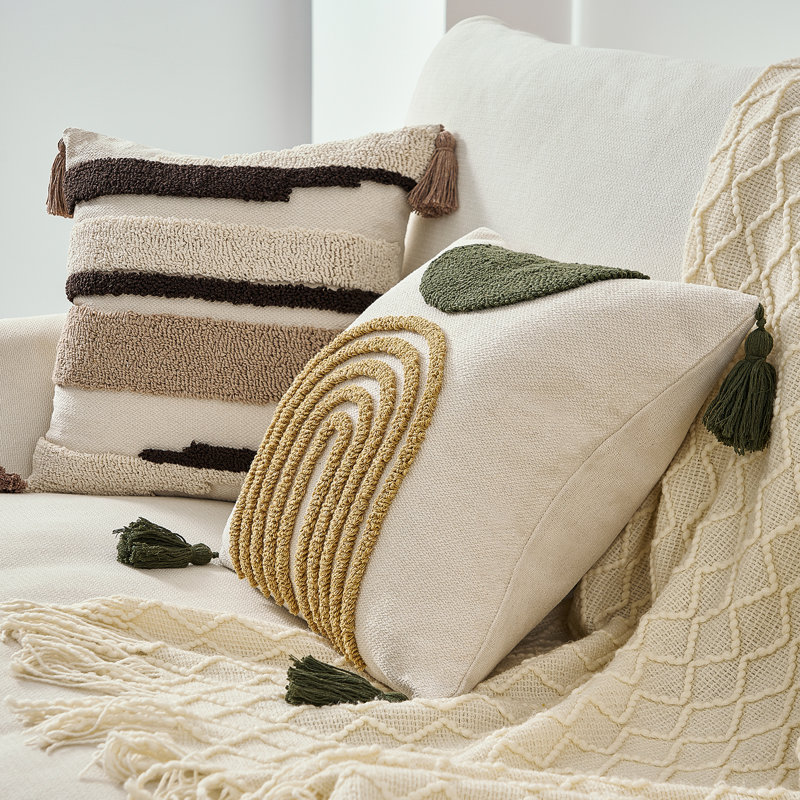Tufted Throw Pillow Cover with Handwoven Stripes, Linen Cotton Decorative Cushion Case, 18x18 inch Set of 1, Green Striped
