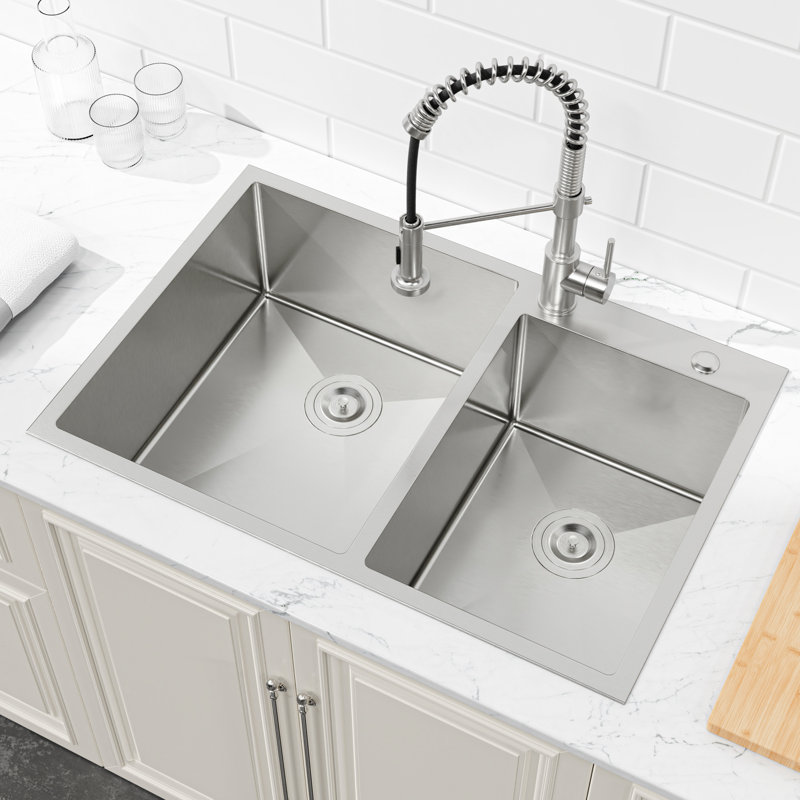 Double Bowl Stainless Steel Kitchen Sink 33"X19" - Overmount, With Hygienic Properties Bowl, Offers Superior Durability