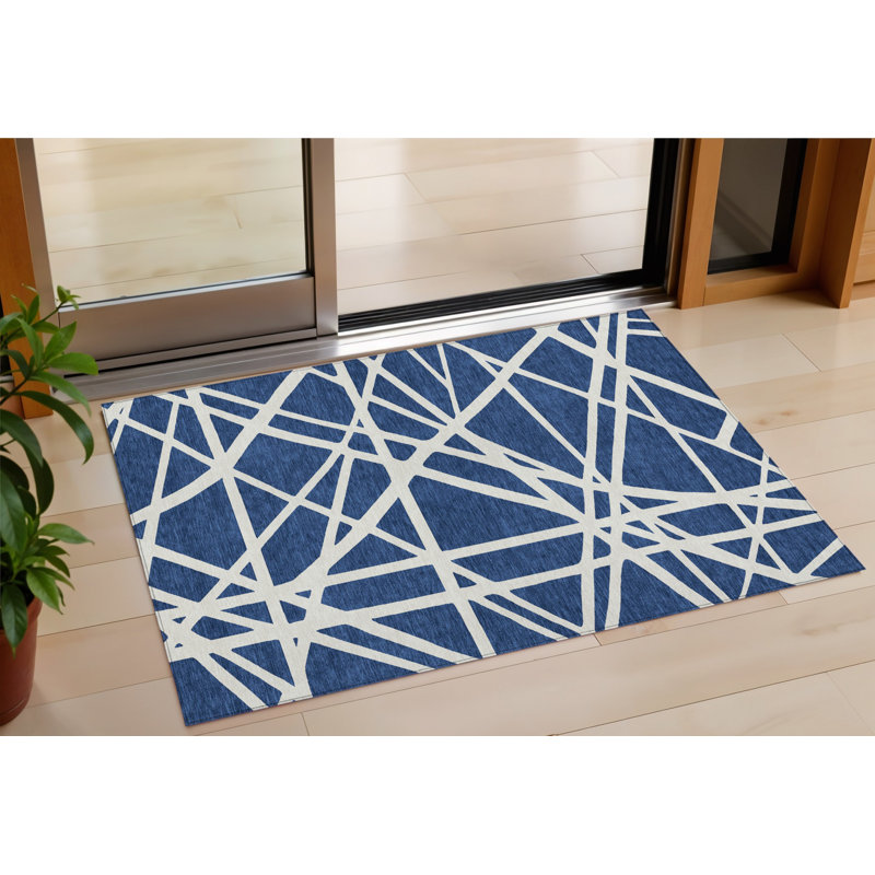 3' X 5' Navy Blue And Ivory Geometric Washable Indoor Outdoor Area Rug