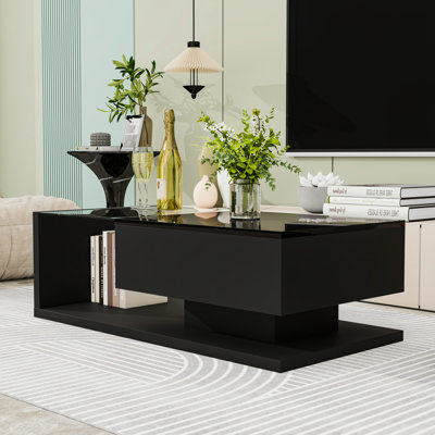 Modern Coffee Table with High-Gloss Finish, Drawer and Tempered Glass
