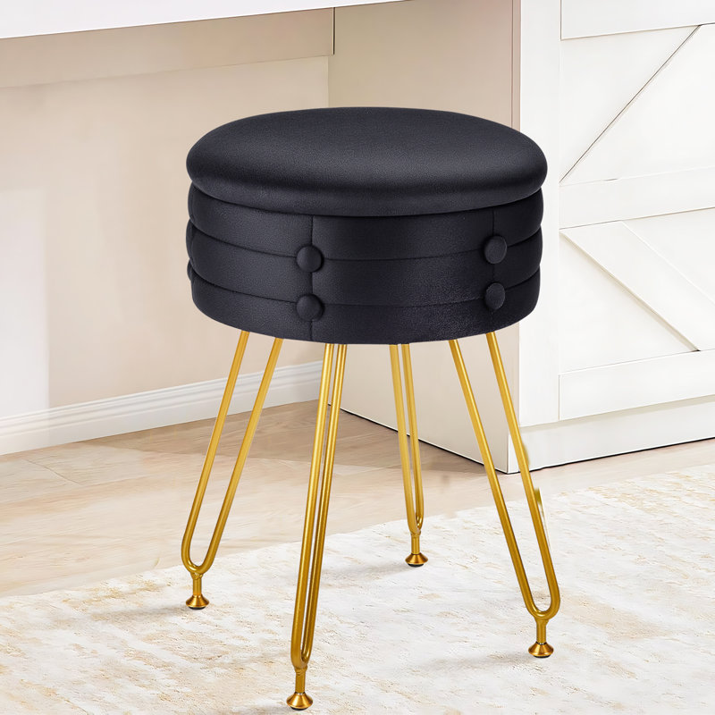 Round Storage Ottoman Vanity Stool Chair For Makeup Room,Bedroom,Living Room, Black