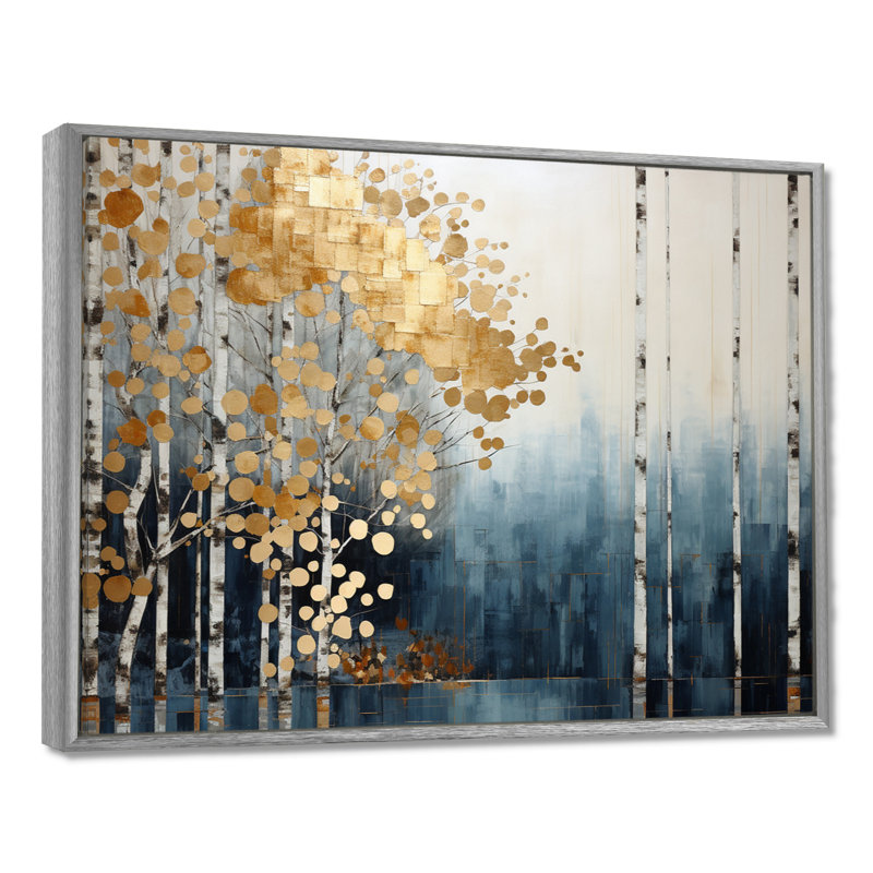 Minimalisme bleu et forêt dorée - art mural forêt, H 16 po x l 32 po x P 1 po, Encadrement argenté