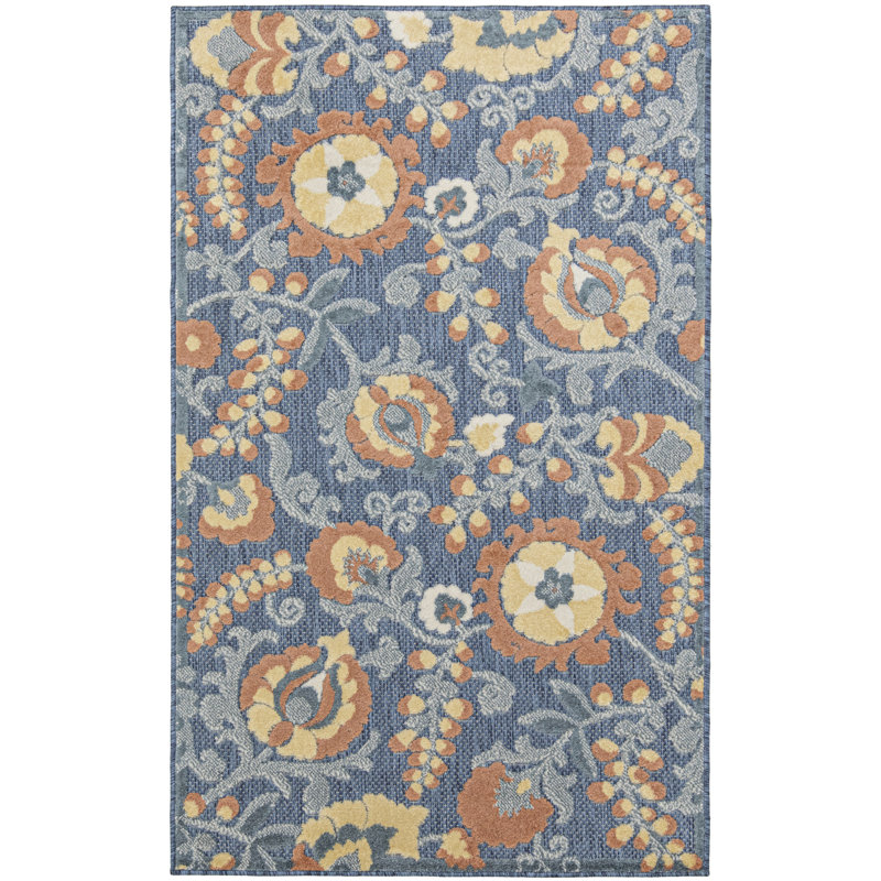 Gregori Blue Rose Farmhouse Rug, Rectangle 2'8" x 4'