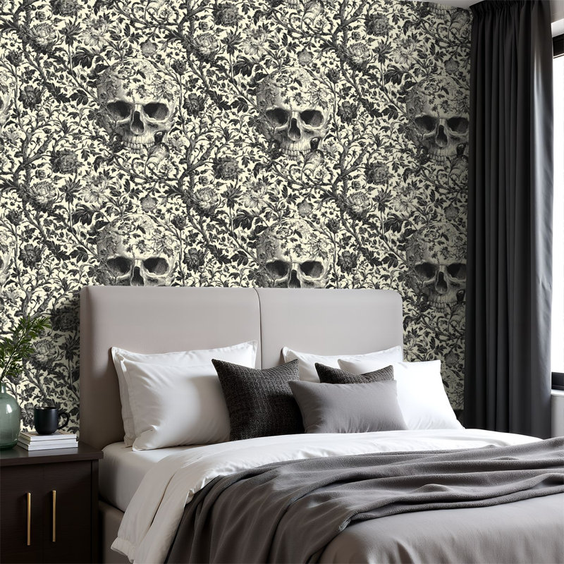 Papier peint adhésif peler et coller en PVC, revêtement mural auto-adhésif amovible avec impression de décoration florale gothique crâne botanique foncé, imperméable pour la décoration intérieure - rouleau