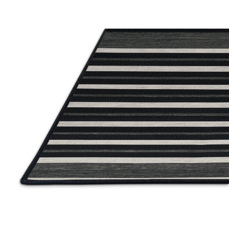 Tapis noir à rayures horizontales lavable à la machine, Rond 6 pi