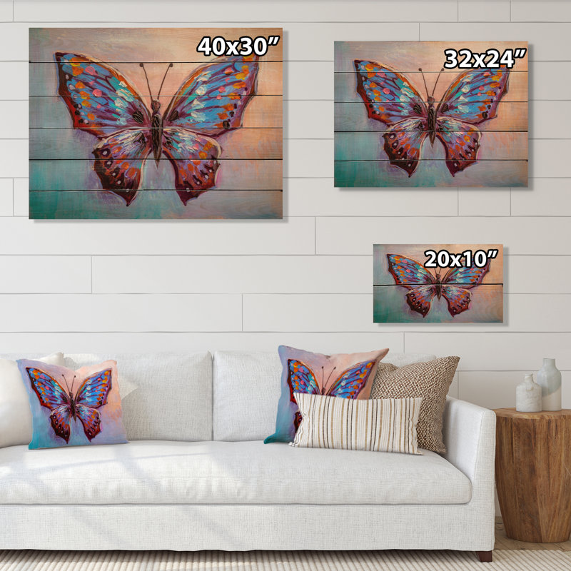 Magnifique papillon - impression sur bois rose campagnard, H 30 po x l 40 po x P 1 po
