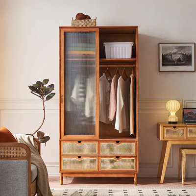 Wooden Rattan Woven Glass Wardrobe With Drawers Armoire
