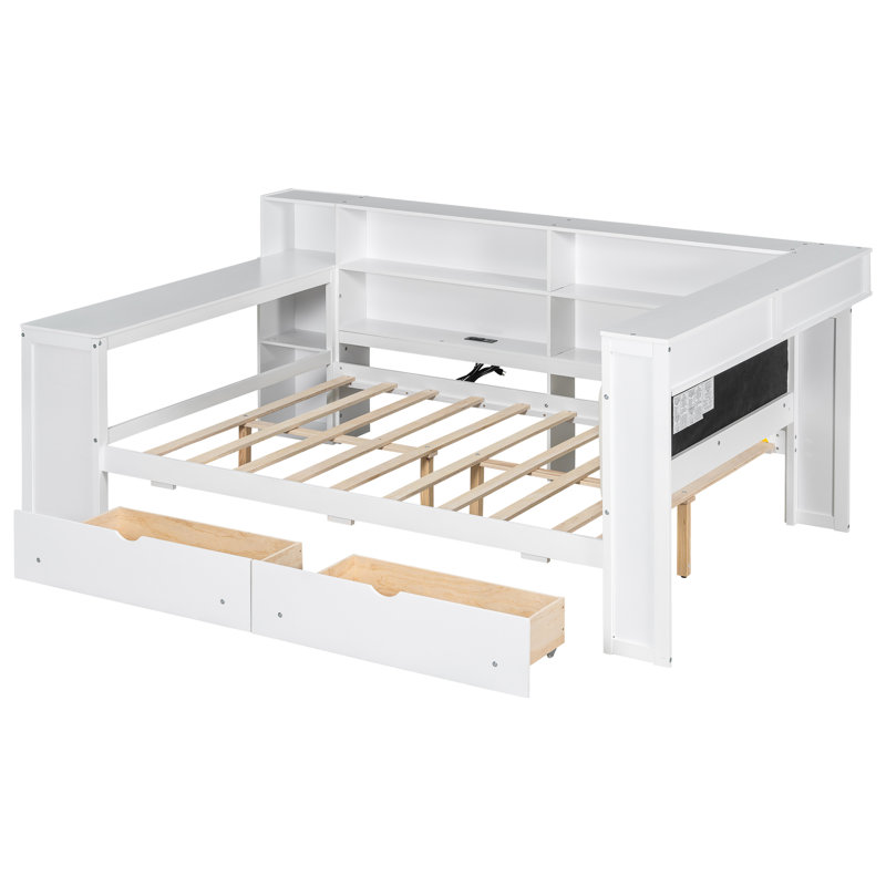 Full Size Wood Platform Bed with Storage Shelves, Drawers, USB Charging, LED, Desk & Upholstered Headboard, White+Beige Cushion