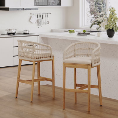 Set of 2 Acacia Wood Rope Woven Bar Stools with Removable Cushions