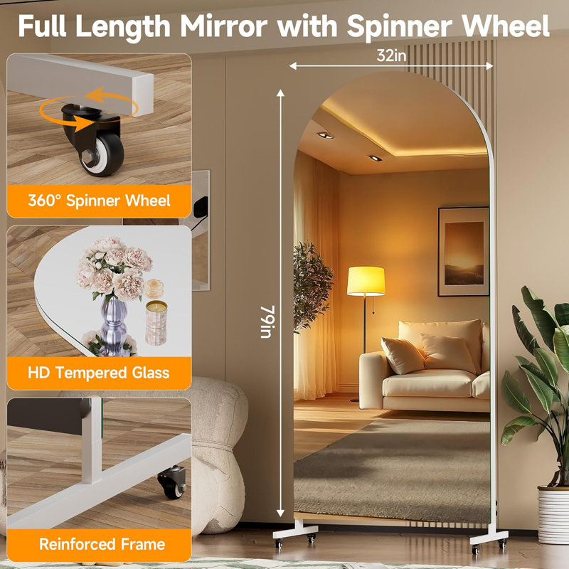 Home Gym Arched Mirror 360° Swivel on Wheels,Extra Large Full Body Rolling Mirror, Tempered Glass Easy to Move Full Length Mirror for Yoga Studio, Bedroom, Dancing Studio 3-Year Warranty