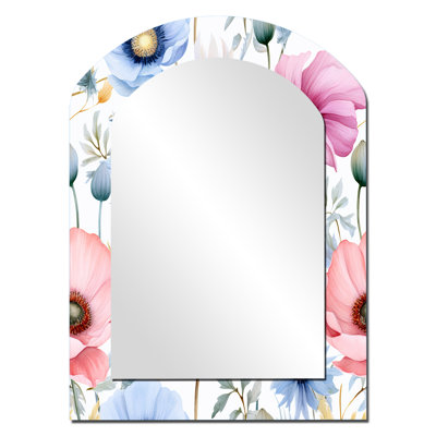 Pink And Blue Petunia On White - Flowers Asymmetrical Wall Mirror, Traditional Arch Decorative Mirror, Printed Metal Art