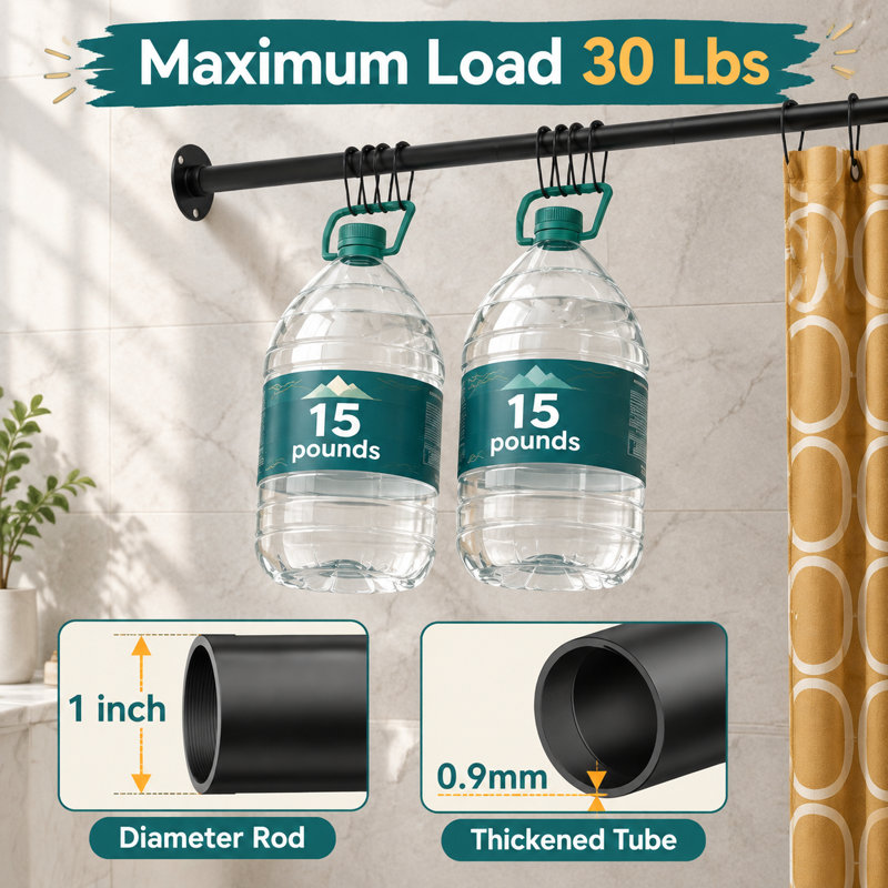 A black L shaped corner shower rod adjustable from 23''-69'' X 23''-69'', made entirely of 304 stainless steel; it includes 12 shower curtain rings, requires drilling, and is intended for bathrooms, bathtubs, and clothing stores.