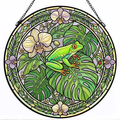 Tropical Frog Stained Glass Window Panel，12"H