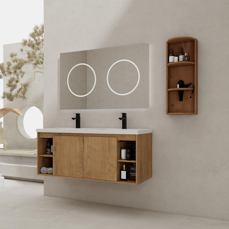 Meuble-lavabo mural 48 po avec double lavabo et support de rangement, portes à fermeture douce