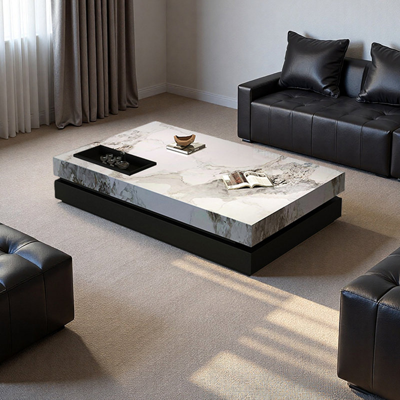 Table basse Minimalisme en ardoise avec plateau en métal, H 13,77 po x L 55,11 po x l 27,55 po, Gris / Blanc