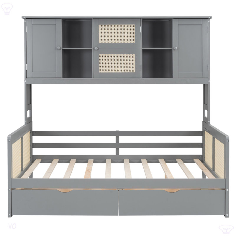 Wooden Daybed With 2 Drawers, And All-In-One Cabinet And Shelf, Grey, Full / Double