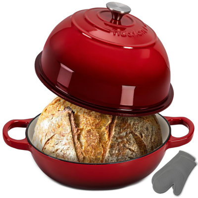 Four à pain en fonte émaillé de 10,2 po Nuthausf, plaque de cuisson au levain en forme de dôme avec poignées et gants en silicone, allant au four jusqu'à 500 ° F, allant au lave-vaisselle (rouge)