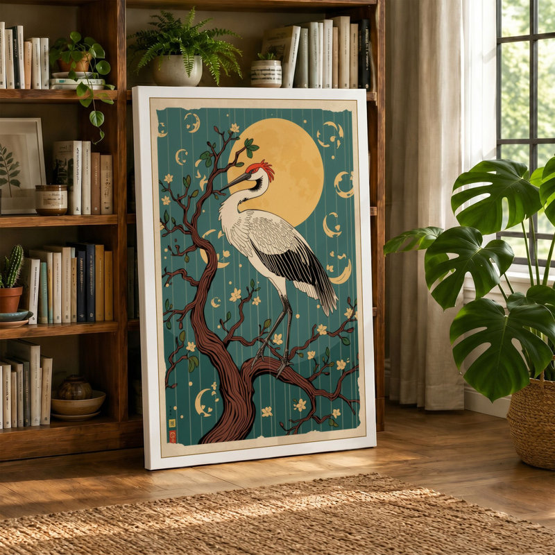 Crane Under Moon Japandi - Wrapped Canvas, 30x20 - 76.2 x 50.8 cm, White Border