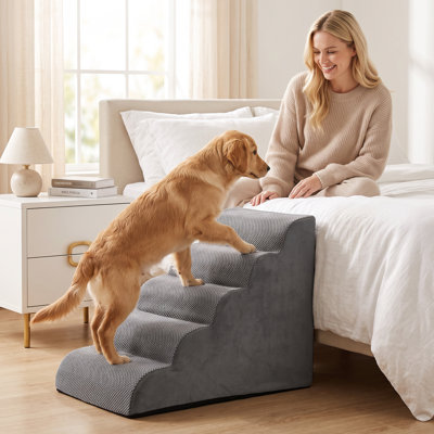 Sponge‑Filled Wide Pet Stairs,Non‑Slip Dog Ladder Ramp, Indoor Furniture Access Steps for Medium and Large‑Breed, Elderly Pets, Two Size Selections, Soft Gray Polyester Cover