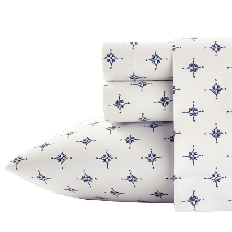 Ensemble de draps en coton percale Poppy & Fritz, Ensemble de draps lit simple + 1 taie d'oreiller, Bleu marine, boussole