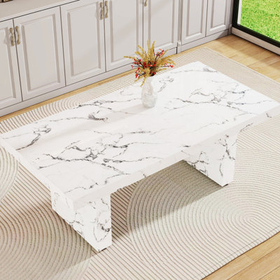 Marble Pattern White Dining Table For Multiple Uses, 8 - 10 Seater, 3.5 Inches Thick Tabletop, Fits Kitchen And Restaurant, Easy Assembly In 15 Minutes Luxurious Table, Multi Purpose Family Dinners