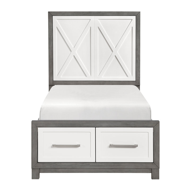 Lit simple contemporain avec rangement et finition grise, poignées en nickel poli, sans base, agencement de couleurs, tiroirs, poignées