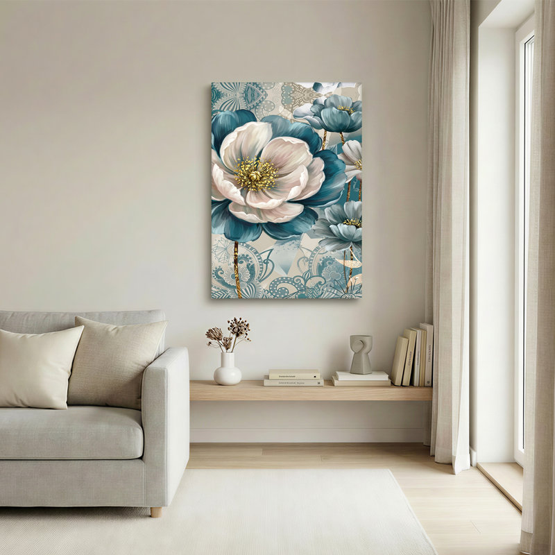 Tableau sur toile à motifs floraux turquoise et crème avec accents dorés, H 30 po x l 20 po