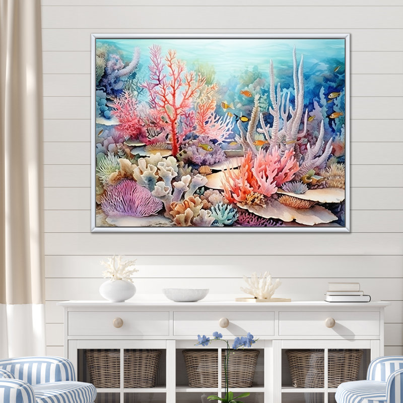 Rose et bleu sous l'eau, corail Wold I - art mural corail sous l'eau, H 12 po x l 20 po x P 1 po, Cadre flottant blanc