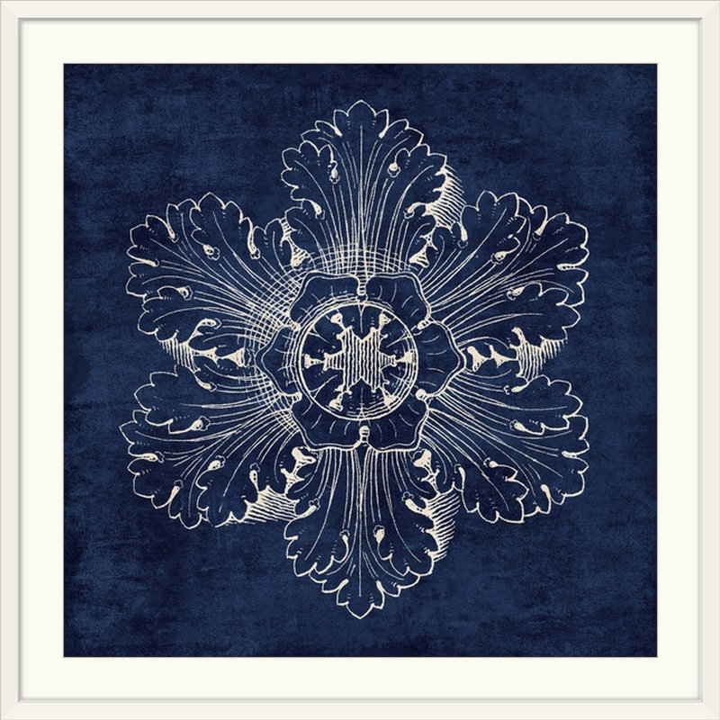 « rosette v », impression en indigo, H 32 po x l 32 po x P 1 po, Cadre blanc