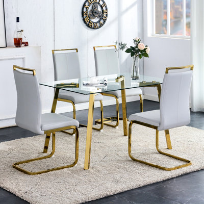 Table de salle à manger moderne en verre minimaliste avec support en métal trempé et doré pour les pieds supérieurs rectangulaires, Touch Home