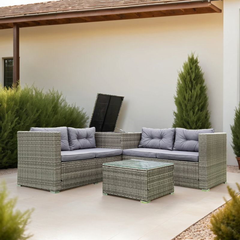 Ensemble de canapé d'extérieur en rotin avec coussins 4 pièces, Gris