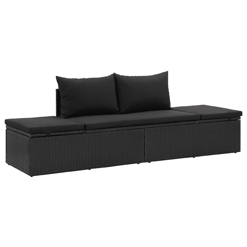 Chaise longue de patio en rotin de polyester noir, coussins en tissu doux, 77 pouces