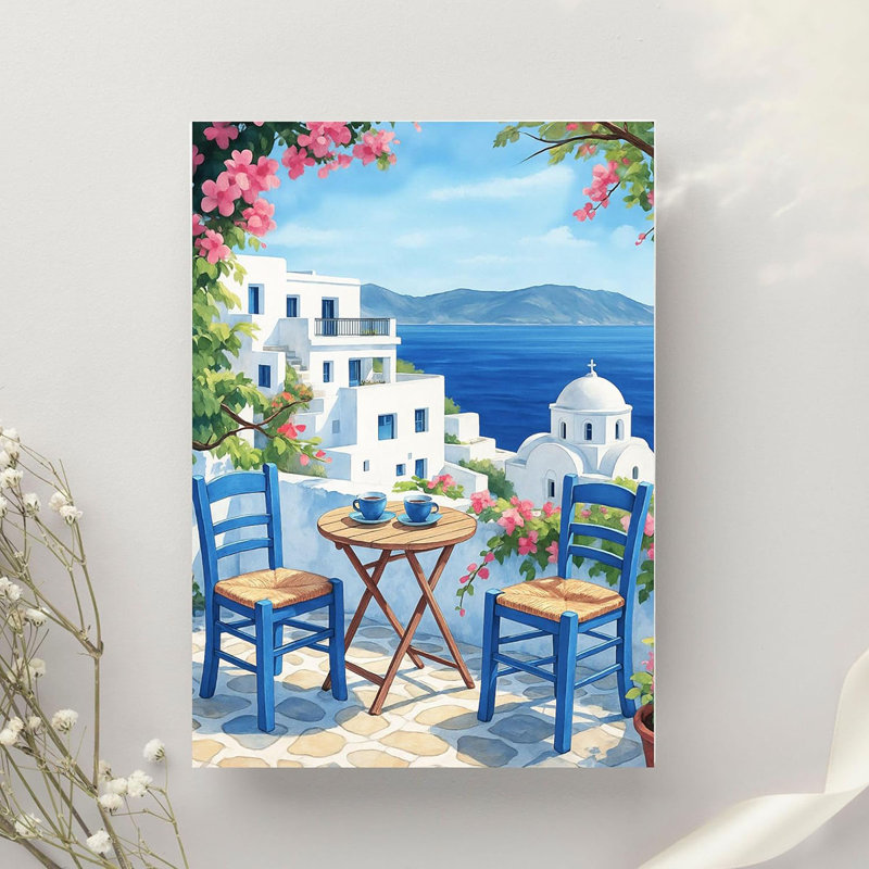Mediterranean Wall Art Prints - Watercolor Coastal Landscapes of Santorini Greece, Amalfi Coast, Positano & Venice Italy - Aesthetic Summer Travel Decor Posters for Living Room & Bedroom (Greek Coffee, 12x16, Wrapped Canvas)